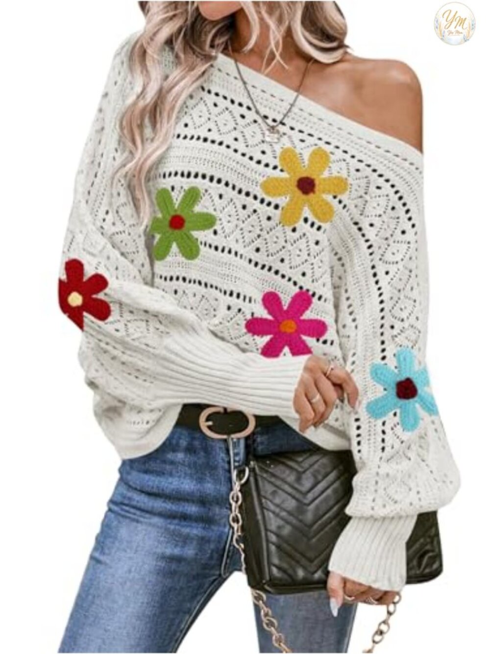 Crochet Off Shoulder Oversized Pullover Sweater, Batwing Sleeve Knit Top